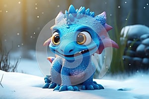 a cute adorable baby dragon lizard on snow 3D Illustation stands in nature in the style of children-friendly cartoon animation