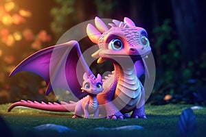 cute adorable baby dragon with mother dragon in nature by night with light rendered in the style of fantasy cartoon animation