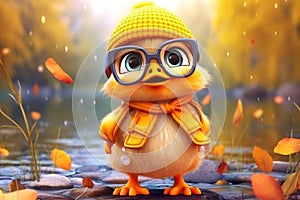 a cute adorable baby duck with coats and glassess, in nature rendered in the style of children-friendly cartoon animation fantasy