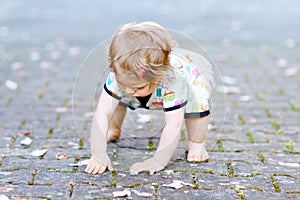 Cute adorable baby girl making first steps outdoors. Healthy happy toddler child learning walking. Lovely girl enjoying