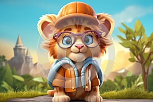 a cute adorable baby lion with coats, cap and glassess in nature rendered in the style of children-friendly cartoon animation