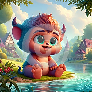 A cute and adorable baby monster, posing in dynamic style, sitting by waterside, with beautiful lake, flower, clouds, cartoon