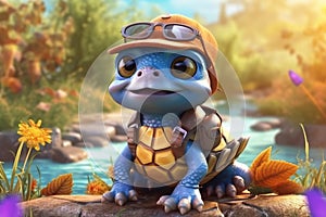 a cute adorable baby turtle with coats, cap and glassess in nature rendered in the style of children-friendly cartoon animation