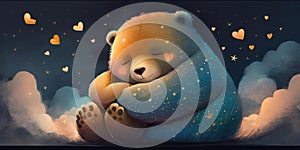 A cute and adorable bear is sleeping under night sky between stars pillow