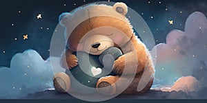 A cute and adorable bear is sleeping under night sky between stars pillow