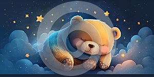 A cute and adorable bear is sleeping under night sky between stars pillow