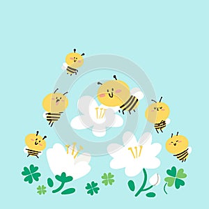 Cute Adorable Bees Pollination Concept Doodle Illustration
