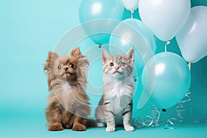 Cute adorable birthday red dog with kitten cat sitting on blye background with balloons.