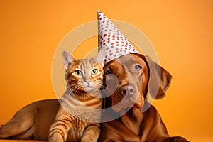 Cute adorable birthday red dog in party hat with kitten cat sitting on yellow orange background