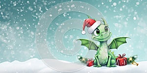 Cute, adorable cartoon green dragon with wings symbol new year 2024 in red Santa hat on snowy background with copy space