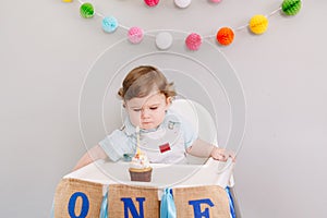 Cute adorable Caucasian baby boy celebrating his first birthday at home. Child kid toddler sitting in high chair eating tasty