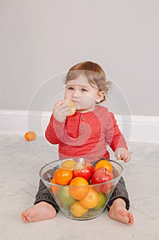 Cute adorable Caucasian baby boy eating citrus fruit. Finny child eating healthy organic snack. Solid finger supplementary food