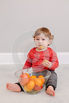 Cute adorable Caucasian baby boy eating citrus fruit. Finny child eating healthy organic snack. Solid finger supplementary food