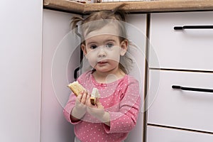 Cute adorable caucasian baby girl eating tasty delicious bread