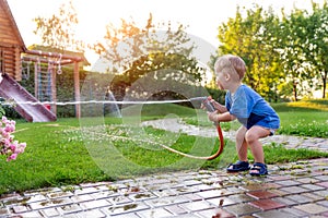 Cute adorable caucasian blond toddler boy enjoy having fun watering garden flower and lawn with hosepipe sprinkler at photo