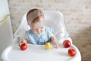 Cute adorable Caucasian child kid girl sitting in high chair eating apple fruit. Everyday lifestyle. Real authentic sweet home