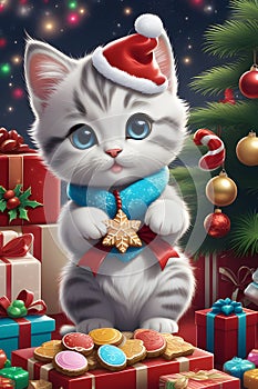 A cute and adorable chibi kitten in holiday costums, with cookies, christmas gifts, christmas tree on the background, cartoon photo