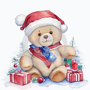 Cute adorable Christmas teddy bear wearing a Santa hat