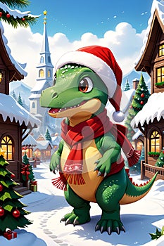 A cute and adorable dinosaur in holiday costums, in a snowy christmas village, cartoon, digital anime art, fantasy photo
