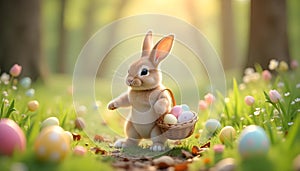 a cute adorable Easter scene with the Easter bunny walking through the forest with a basket of pastel colored painted eggs