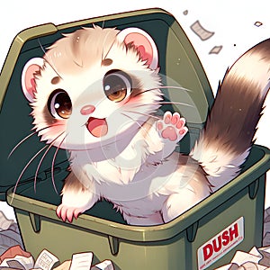 A cute and adorable ferret playing in a large dush bin, cartoon style, digital anime art, animal creatures, white background