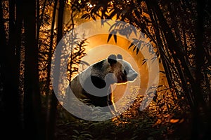 Cute and adorable Giant Panda in a bamboo forest at sunset. Amazing Wildlife. Generative Ai