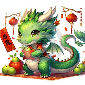 A cute and adorable green dragon, hug a red envelope and fruits, in chinese new year eve theme, lampions, cartoon, anime art