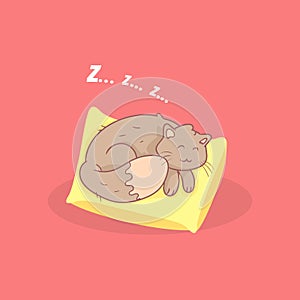 Cute Adorable Grey Cat Sleeping on a Pillow Vector Illustration