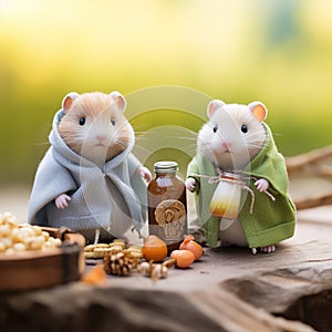 Cute adorable hamster couple wearing hoodies and sweaters Generative AI