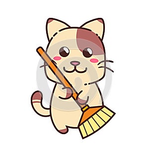 Cute Adorable Happy Brown Cat Cleaning Sweeping With Orange Broom cartoon doodle vector illustration flat design