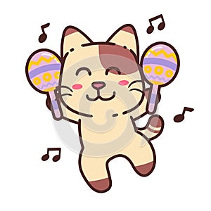 Cute Adorable Happy Brown Cat Dance With Maraca Music cartoon doodle vector illustration flat design