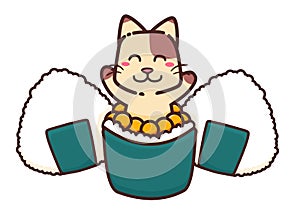 Cute Adorable Happy Brown Cat Eat Japanese Cuisine Street Food Sushi and Onigiri cartoon doodle vector illustration flat design