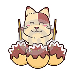 Cute Adorable Happy Brown Cat Eat Japanese Cuisine Street Food Takoyaki cartoon doodle vector illustration flat design