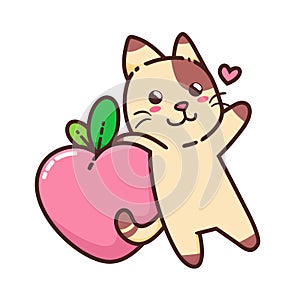 Cute Adorable Happy Brown Cat Eat Pink Peach Fruit Juicy Food Nature cartoon doodle vector illustration flat design
