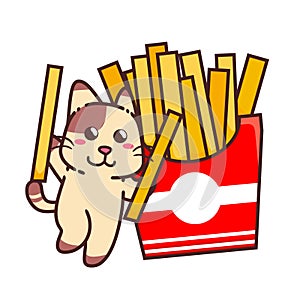 Cute Adorable Happy Brown Cat Eat Potato French Fries Stick Fast Food cartoon doodle vector illustration flat design