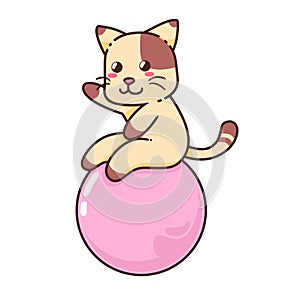 Cute Adorable Happy Brown Cat Play Big Pink Ball cartoon doodle vector illustration flat design