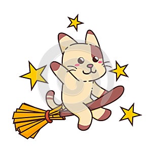 Cute Adorable Happy Witch Brown Cat Flying With Magic Broom cartoon doodle vector illustration flat design