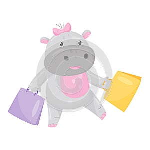 Cute adorable hippo with a pink bow walking with shopping bags, lovely behemoth animal cartoon character vector