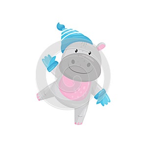 Cute adorable hippo wearing blue knitted hat and gloves, lovely behemoth animal cartoon character vector Illustration