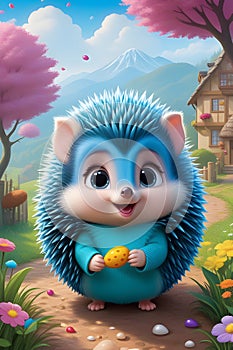 A cute and adorable kawaii hedgehog, in a beautiful village, with colorful flowers, blossoms tree, village house, fantasy