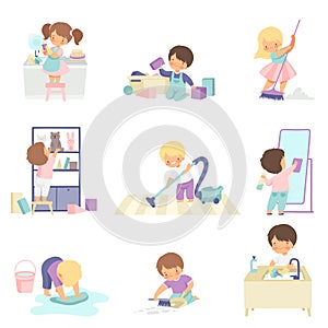 Cute Adorable Kids Doing Housework Chores at Home Set, Cute Little Boys and Girls Washing Floor, Dishes, Cleaning Up