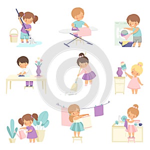 Cute Adorable Kids Doing Housework Chores at Home Set, Cute Little Boys and Girls Sweeping Floor, Ironing Clothes photo
