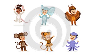 Cute Adorable Kids Wearing Animal Costumes Set, Mouse, Elephant, Owl, Monkey, Tiger, Octopus Cartoon Vector Illustration