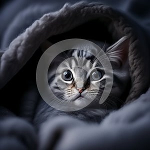 Cute and adorable little american shorthair kitten snuggled up in a fuzzy blanket on a bed. Generative AI