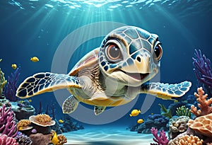 Cute and adorable little baby sea turtle underwater. Generative AI