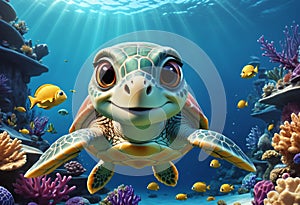 Cute and adorable little baby sea turtle underwater. Generative AI