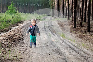 Cute adorable little blond caucasian toddler boy walking alone by rural country sand road on ranch or farm at coniferous forest in