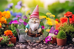 cute adorable little fairy ish fantasy garden gnome near gardening flowers background