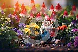 cute adorable little fairy ish fantasy garden gnome near gardening flowers background