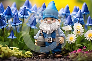 cute adorable little fairy ish fantasy garden gnome near gardening flowers background